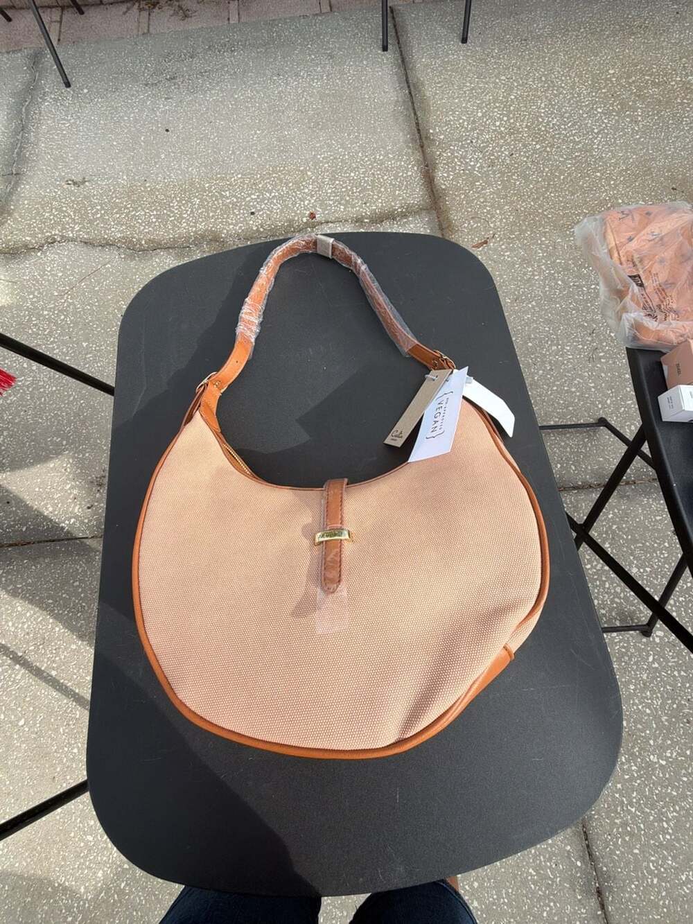 Calin Collection Vegan Canvas and Leather Trim Crescent Shoulder Bag